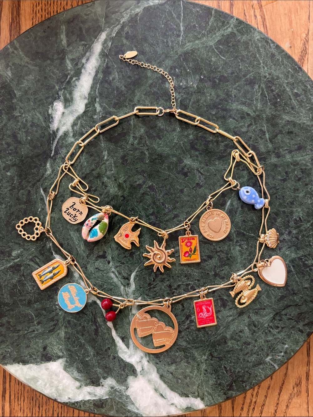 Anthropologie Gold-Tone Multi Charm Necklace with Colorful Enamel Accents